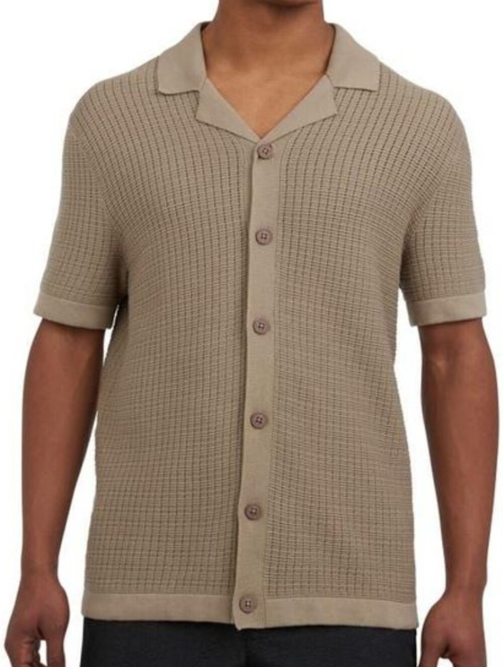 DKNY Men's Taupe Textured Knit Short-Sleeve Button-Up Polo